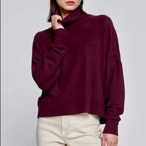 AE Burgundy Plum Cowl Neck Cropped Boxy Waffle Knit Long Sleeve Sweater X-large